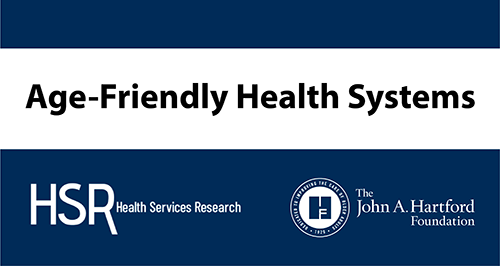 Age Friendly Health Systems text on blue background with HSR and John A. Hartford Foundation logos in white