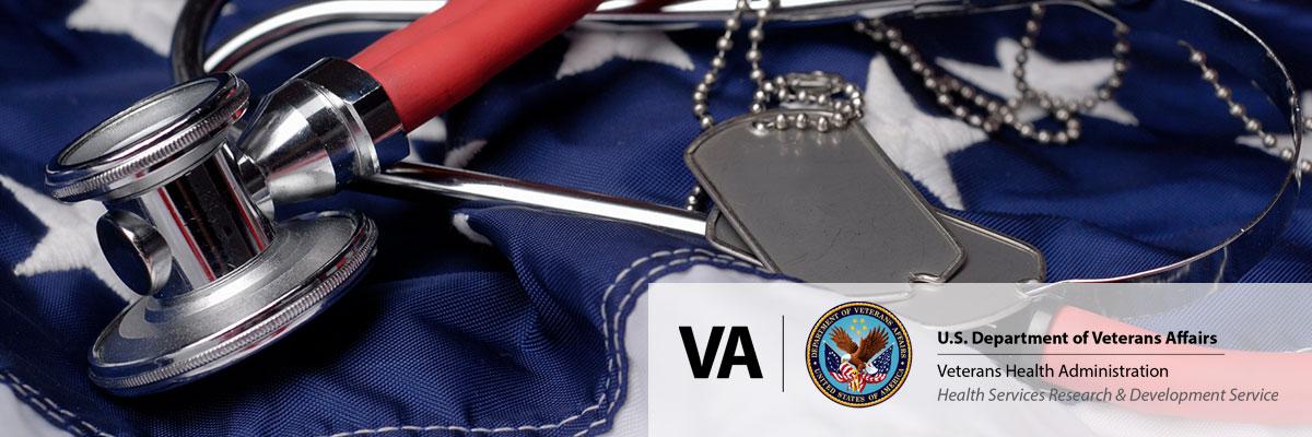 Health Services Research and Development & Quality Enhancement Initiative, Veterans Health Administration, U.S. Department of Veterans Affairs. An United States flag with a stethoscope and dog tags on it.